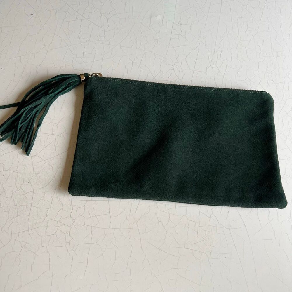 White House black market suede faux clutch cosmetic bag tassel